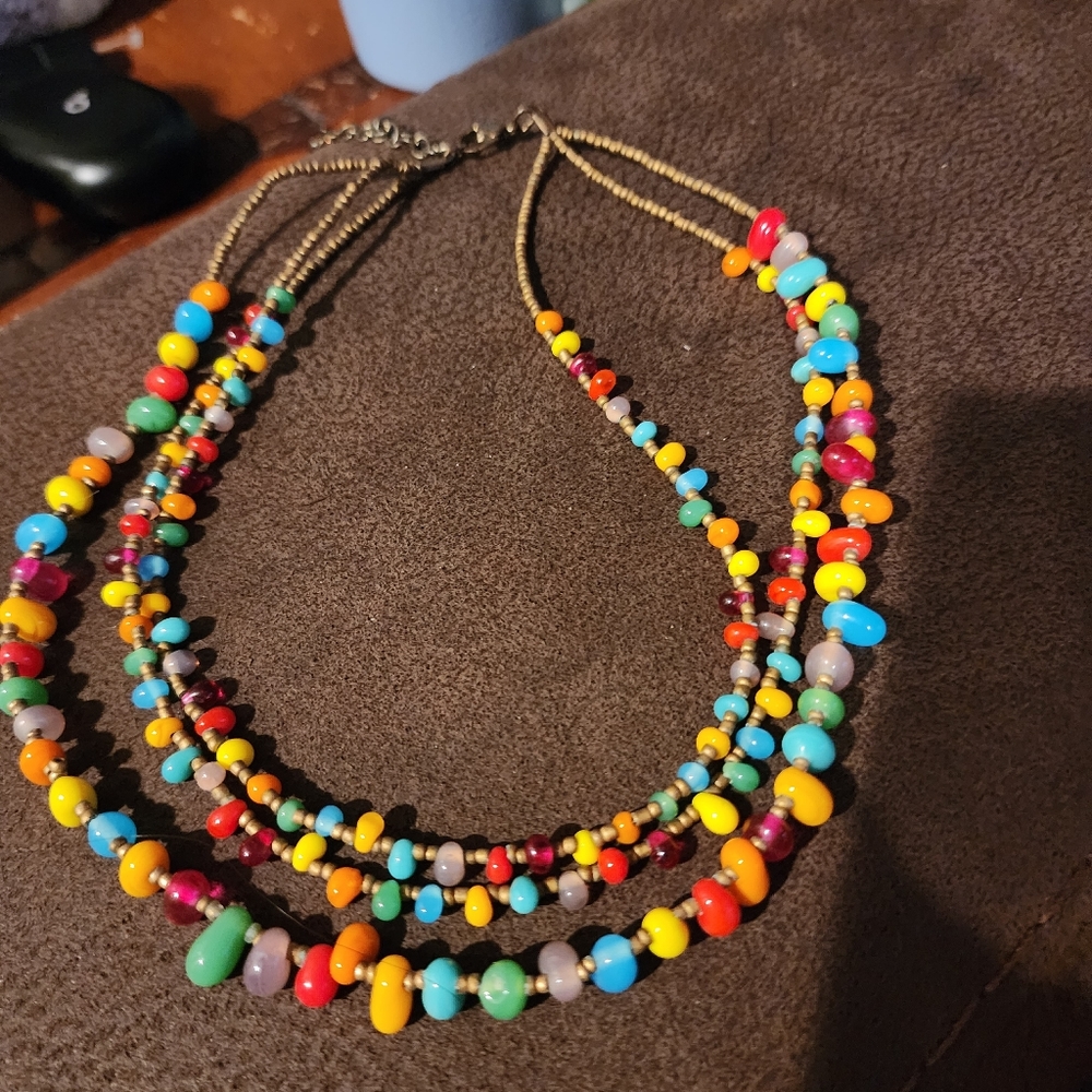 Rainbow Glass Bead Layered 16 inch Boho Necklace